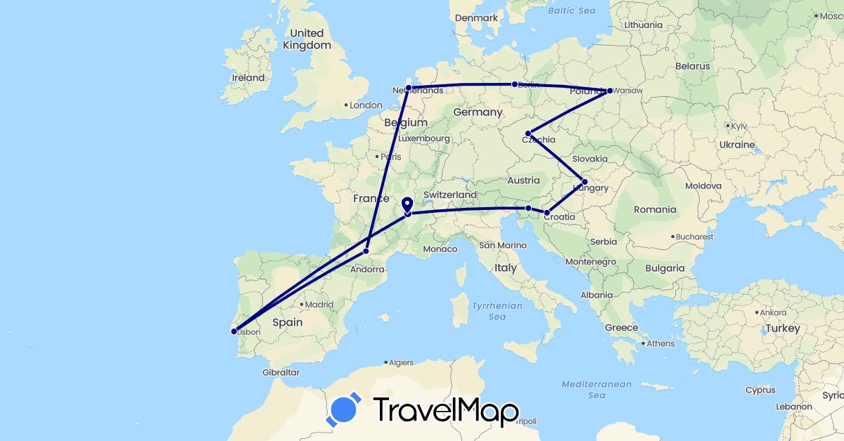 TravelMap itinerary: driving in Czech Republic, Germany, France, Croatia, Hungary, Netherlands, Poland, Portugal, Slovenia (Europe)